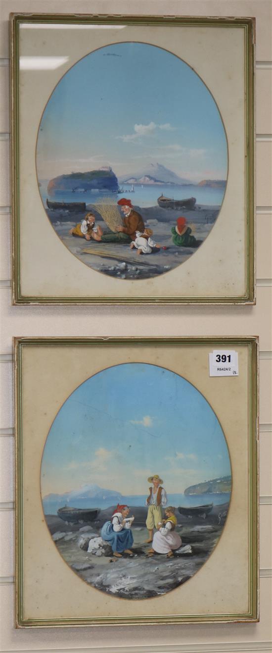 Gatti, a pair of gouache, Neapolitan fisherfolk on the shore, signed, ovals, 32 x 26cm